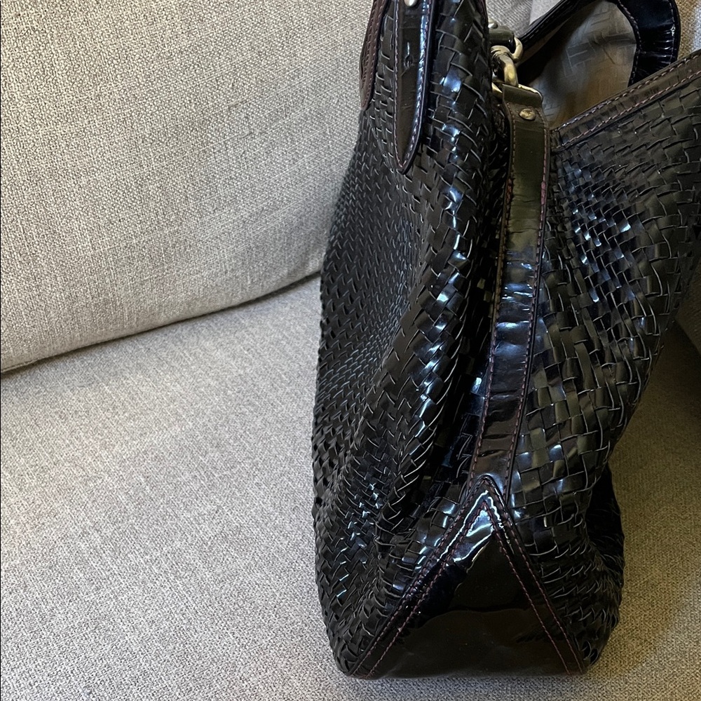 Cole Haan Genevieve Patent Black Woven Shoulder Bag with Plum Stitching - Picture 5 of 12